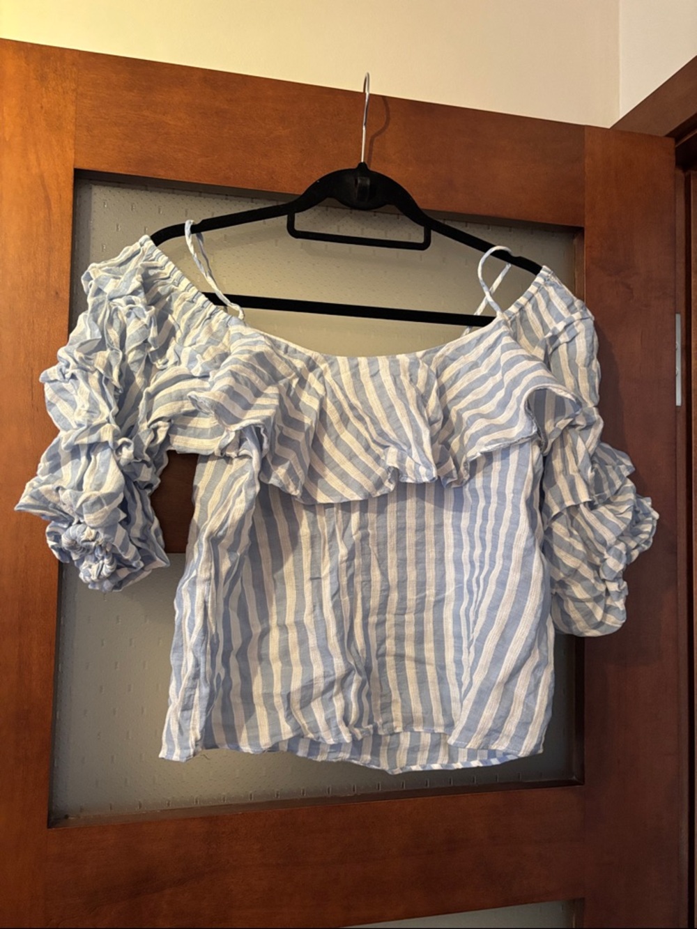 Zara Blue and White Striped Off-Shoulder Ruffle Top